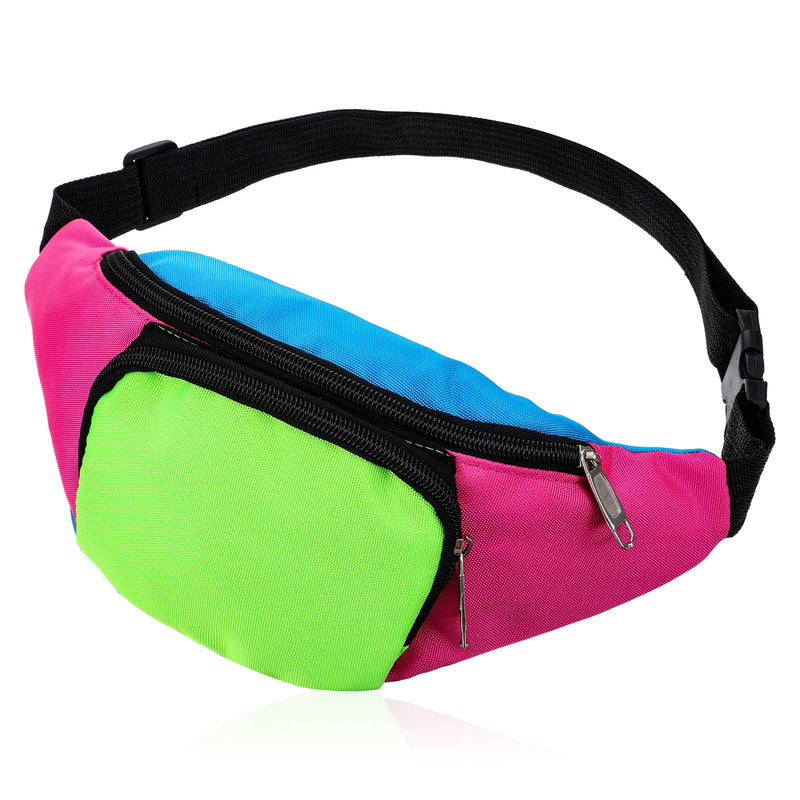 80s Neon Fanny Pack 2 Pockets 90s Belt Bags for Women Men Waist Retro Packs for Holiday Festival, 80s Theme Halloween Party, Vintage Rave Accessories Plus Size Belt Bag, Pink Bottom