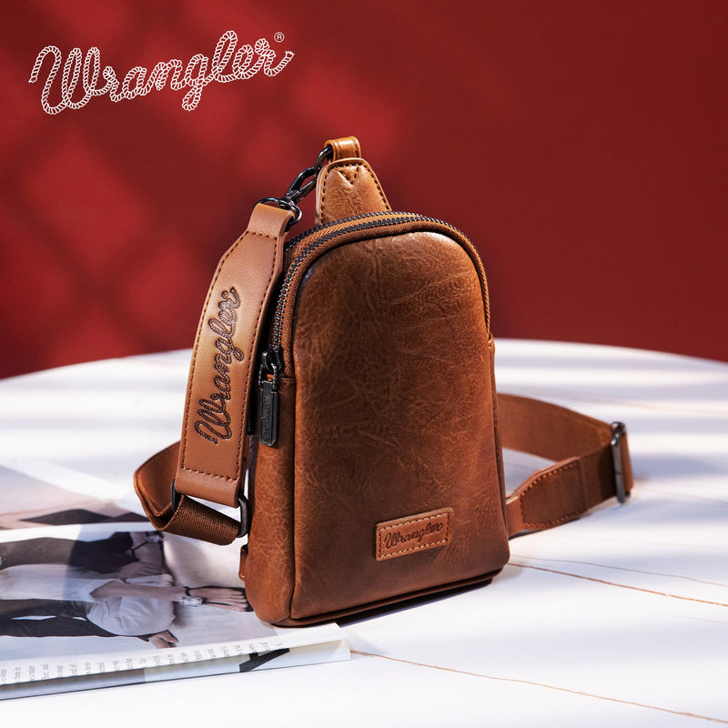Wrangler Small Sling Bag for Women, Leather Crossbody Bags Cross Body Purse Fanny Packs with Adjustable Strap, WG87-210BR