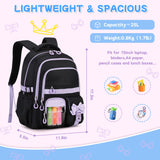 QIXIHU Girls Backpack, 17-Inch Bookbag for Middle & Elementary School, Kawaii Kids Backpack for Girls Ages 6-12(Black Purple)