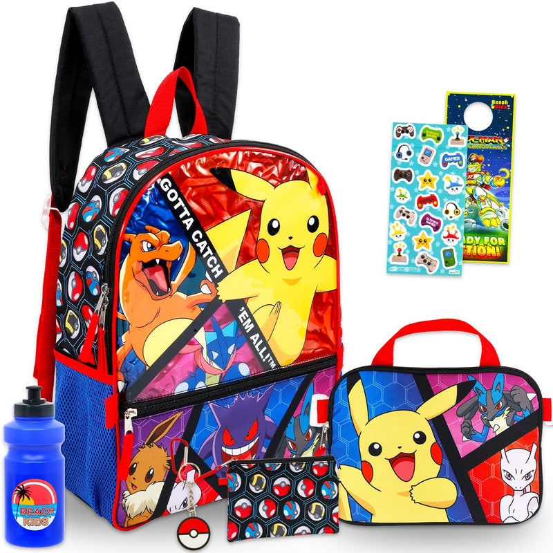 Pokemon Backpack Set - Bundle with 16" Backpack, Utility Bag, Water Bottle, Pencil Case, More | Pokemon School Bag for Kids