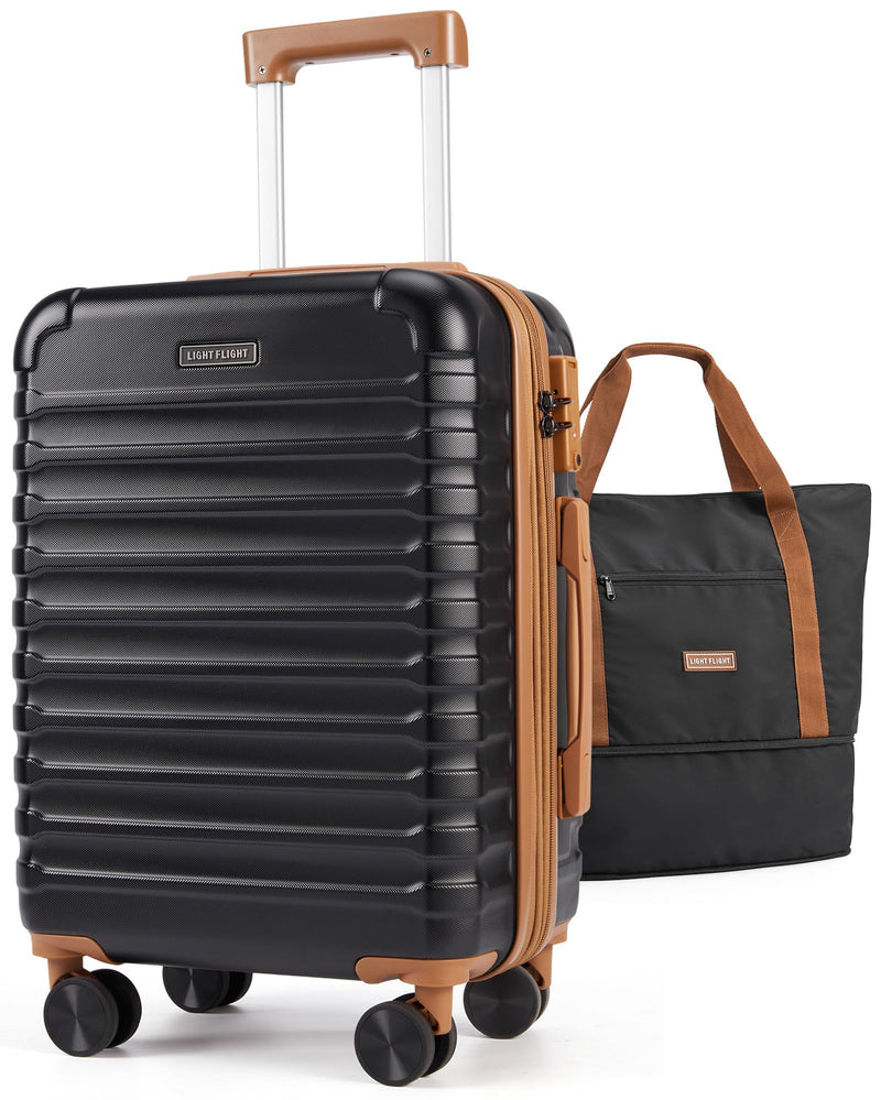 LIGHT FLIGHT Luggage Sets, Carry On Luggage 22x14x9 Airline Approved, Carry On Travel Bag Suitcases with Wheels, Expandable Hardside Lightweight Rolling with TSA Lock 2-Piece Set (DB/20),Black/Brown