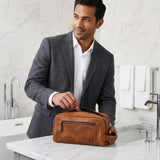 HomeWetBar Beckham Toiletry Bag for Men - Monogrammed Multi-Pocket Saddle Bag, Brown Hanging Dopp Kit