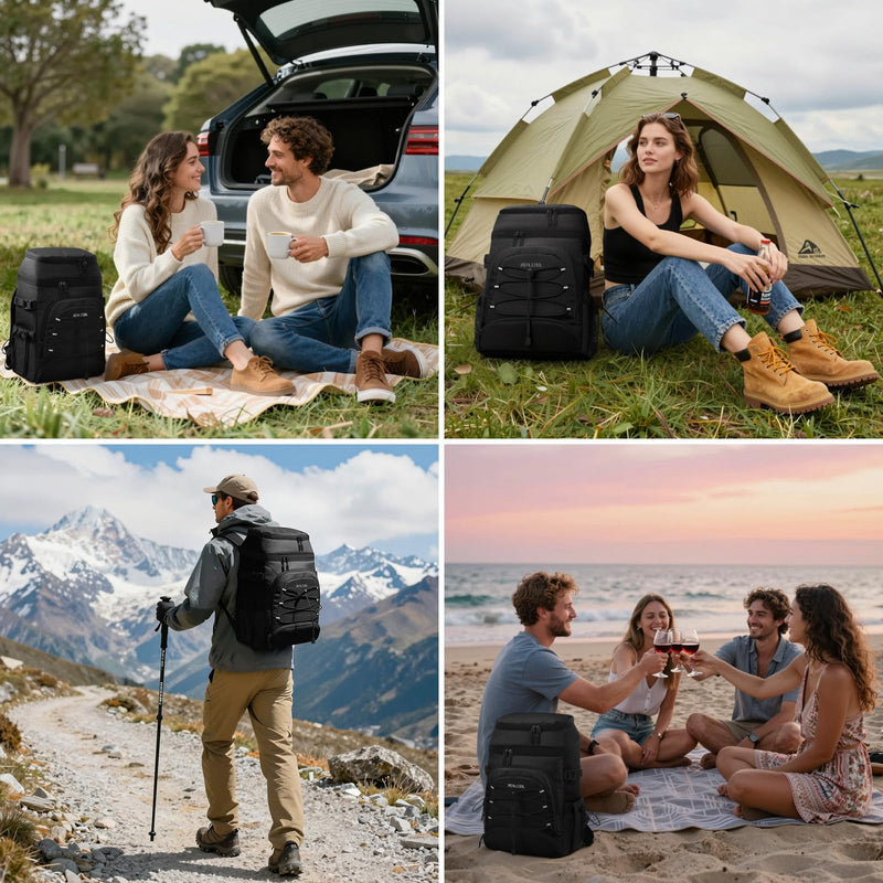 Realcool Backpack Cooler，33 Cans Insulated Leakproof Soft Cooler Bag Lightweight Camping Beach Lunch Backpack for Men Women,23L,Black