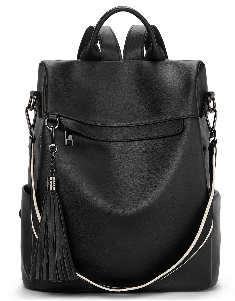 Telena Backpack Purse for Women, PU Leather Anti Theft Travel Purse Shoulder Bags with Tassel Pure Black
