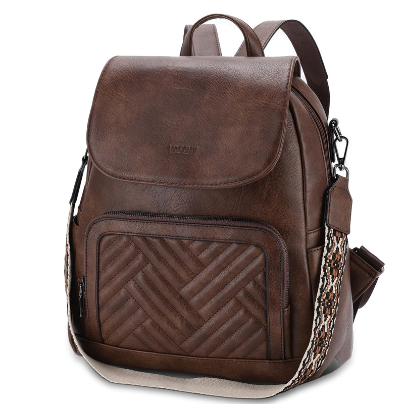 VASCHY Backpack Purse for Women, Chevron Quilted Vegen Leather Flap Backpack Convertible Handbag for Ladies with Guitar Strap Coffee