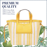 Tommy Bahama Canvas Stripe Large Tote Bag, Summer Bag, Leather Trim, Dual Handles, Spacious Interior, Yellow and White