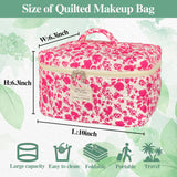 WYJ Rose Red Large Quilted Floral Makeup Bag Cute Soft Coquette Aesthetic Cosmetic Bag Cotton Travel Toiletry Bag for Women