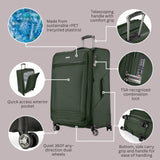 Ricardo Beverly Hills Avalon Softside Medium Check-In Luggage Made with Sustainable 100% Recycled PET (rPET), Lightweight, Eco-Friendly Travel, Expandable, Dual Spinner Wheels, Juniper Green, 28-inch