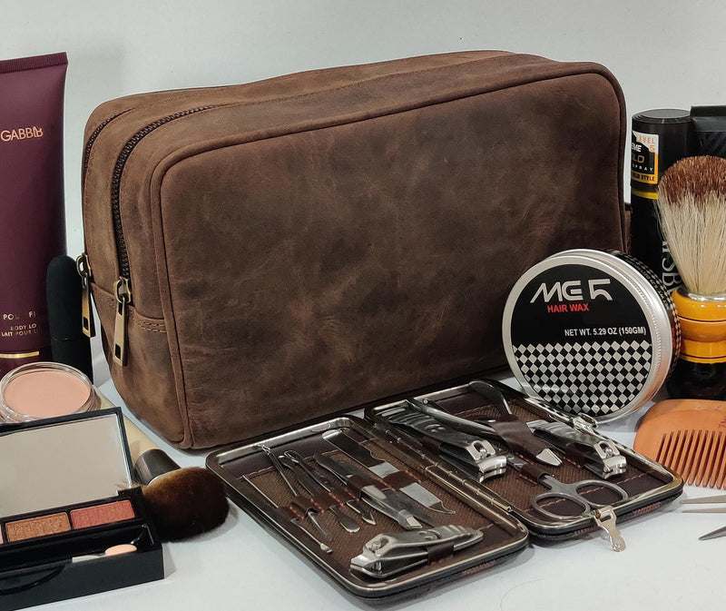RUSTIC TOWN Full Grain Leather Travel Toiletry Bag - Cosmetic Ditty Kit Organizer (Dark Brown)