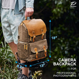 Padwa Lifestyle Khaki Camera Backpack - Waxed Memory Canvas Camera Bag, Multi DSLR SLR Large Camera Backpacks for Photographers with 16” Laptop & Lens Compartment and Tripod Holder & Weather Resistant