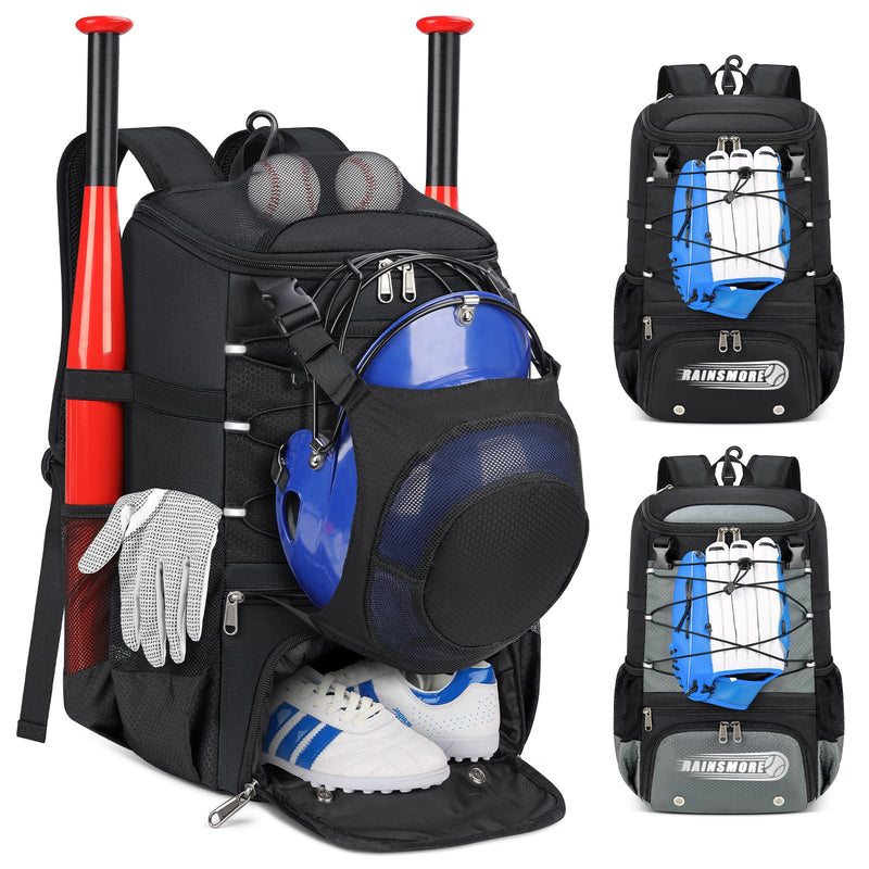 Baseball Bag for Youth & Adult Lightweight Softball Bat Bag with Shoe Compartment, External Helmet Holder and Fence Hook Waterproof Baseball Backpack Hold T-Ball, Bat and Softball Equipment, Black