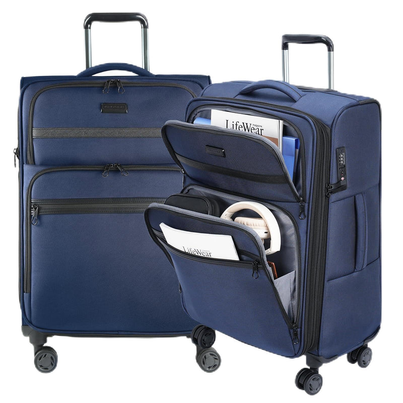 KROSER Softside Expandable checked Luggage with Front Business Pockets，24 Inch Suitcases with Spinner Wheels & Built-in TSA Lock, Durable Suitcase Rolling Luggage, Navy