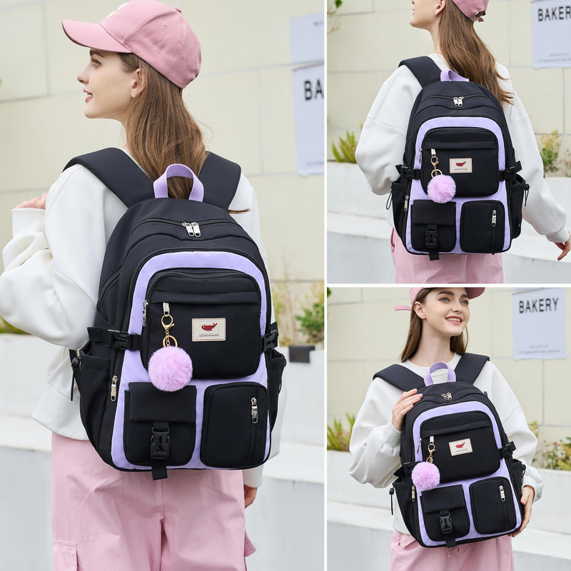Laptop Backpack 15.6 Inch Elementary Middle High School Bag College Backpacks with Lunch Box Pencil Pouch 3 PCS Set Travel Bookbags for Teens Girls Women Students (Black Purple)