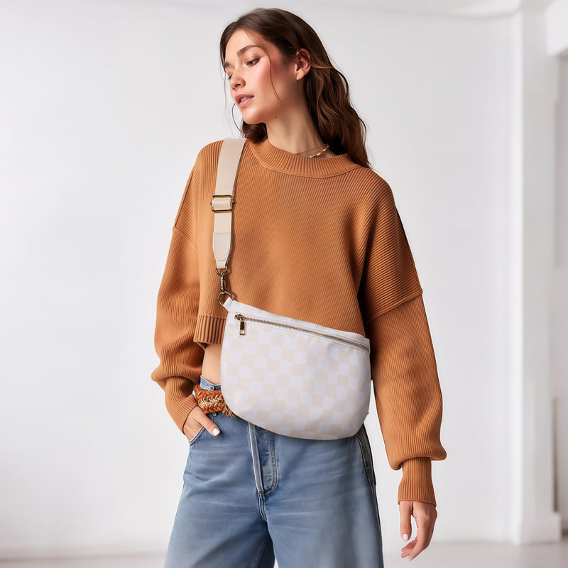 KALIDI Checkered Crossbody Bags for Women Travel Flat Fanny Packs for Woman Men Nylon Cross Body Purse Fashion Belt Bum Bag