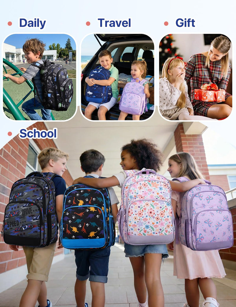 VASCHY School Backpack for Boys, 16in Water Resistant Backpack for Kids Preschool/Primary/Elementary School Bookbag with Tablet Sleeve Black Dino