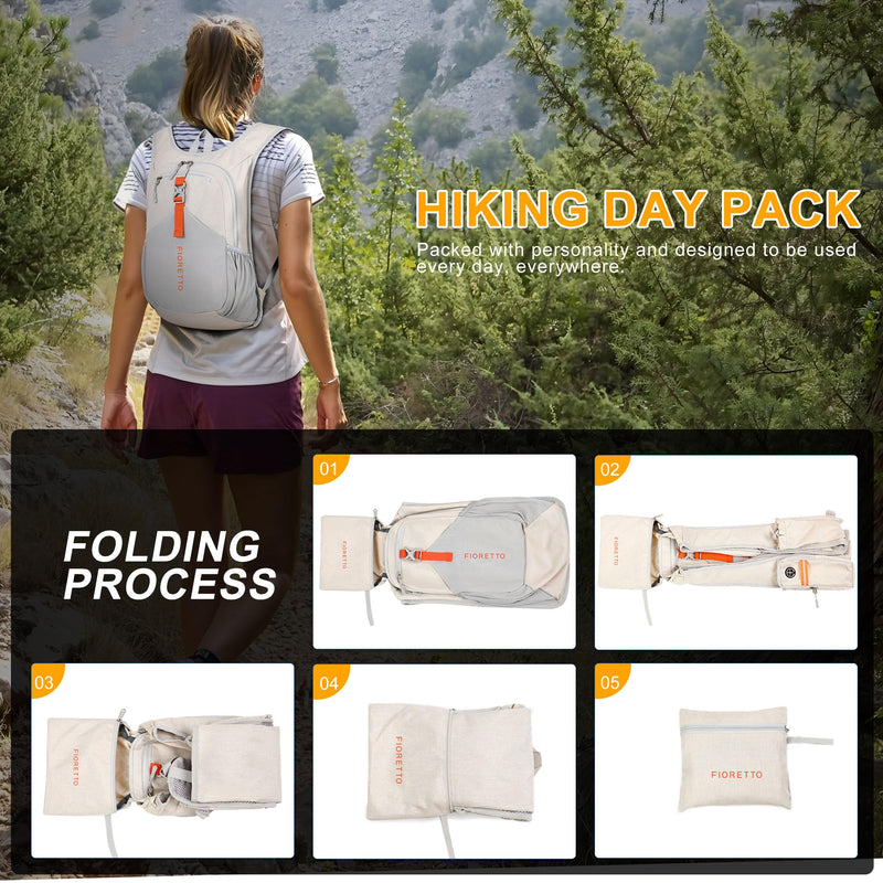 FIORETTO 15L Hiking Backpack for Women Men Mini Packable Backpack Lightweight Small Daypack for Camping Travel Outdoor, Beige