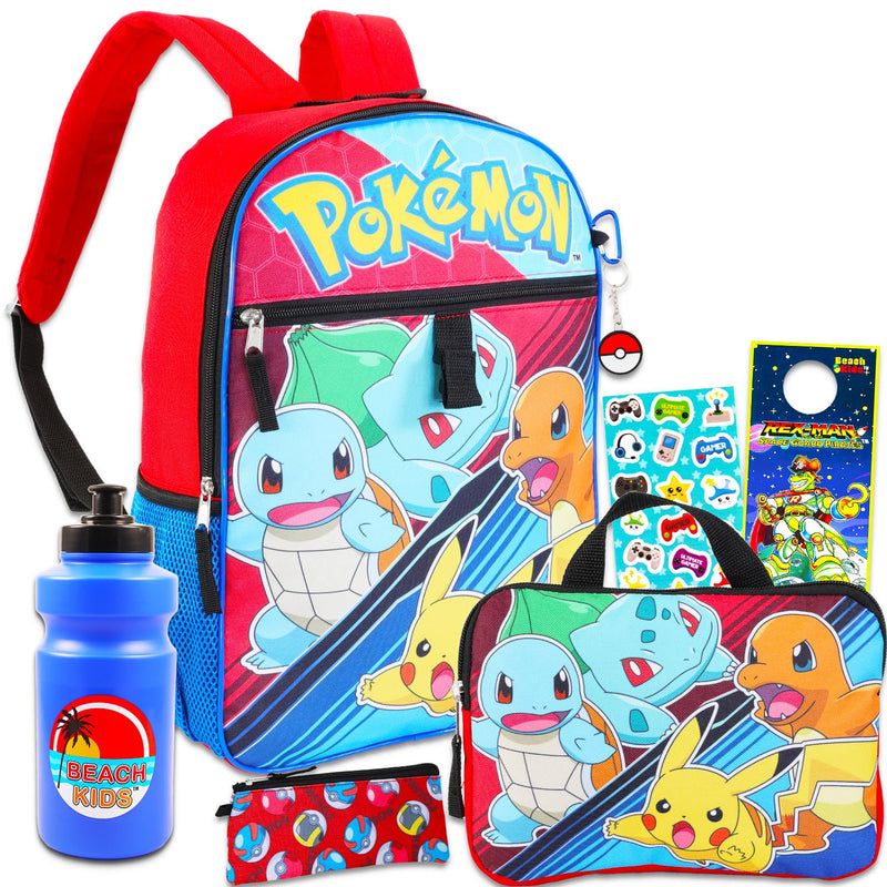 Pokemon Backpack for Boys 8-12 - Bundle with 16" Backpack, Storage Case, Pencil Holder, Water Bottle, Stickers, More Backpack Set for Kids