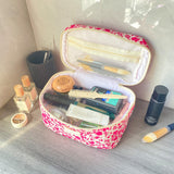 WYJ Rose Red Large Quilted Floral Makeup Bag Cute Soft Coquette Aesthetic Cosmetic Bag Cotton Travel Toiletry Bag for Women