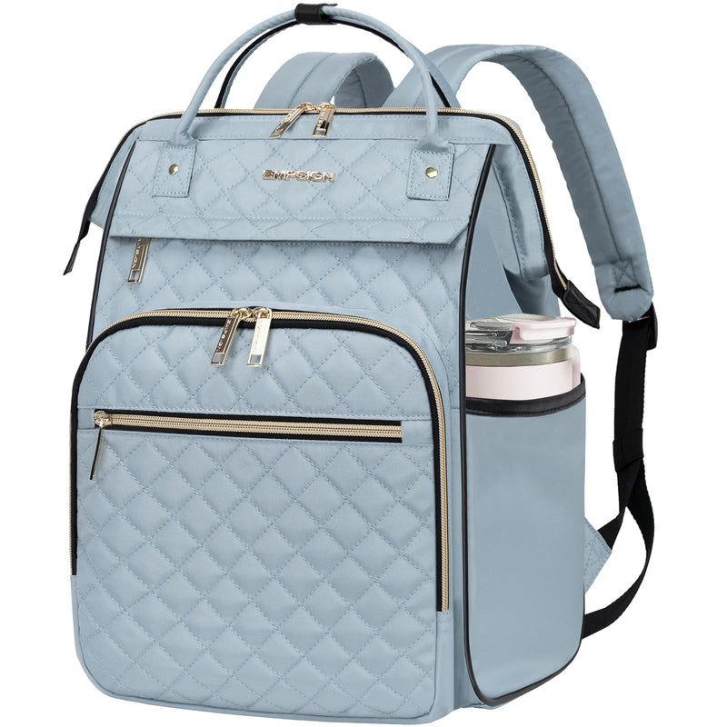 EMPSIGN 17 Inch Laptop Backpack for Women, Work Business Travel Computer College Bags, Large Capacity Water-repellent Quilted Casual Daypack with USB Port, Light Blue