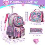 Meetbelify Kids Rolling Backpack with Wheels for Girls Rolling Backpacks with Lunch Box for Elementary School Students 3 in 1 Travel Luggage Suitcase for Girls Age 8-10