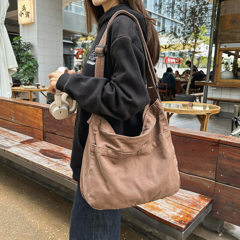 KBTYE Canvas Messenger Bags for Women Crossbody Bag for School Hobo Men Cute Large Shoulder Lightweight Tote(Brown)