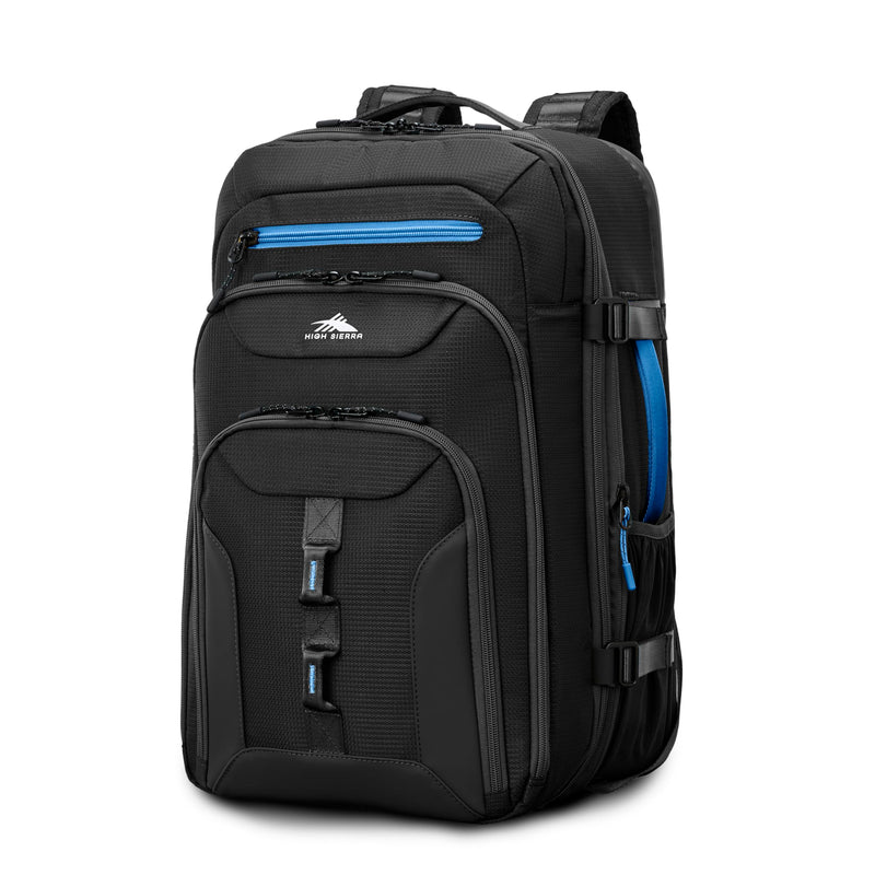 High Sierra Hi-Life Travel Backpack - Features 2-inch Expansion, WetPak Pockets, 17” Laptop Compartment, Stack-It Strap, Adjustable Sternum Strap, Fleece Pocket, Dual Water Bottle Pockets - Blue/Black