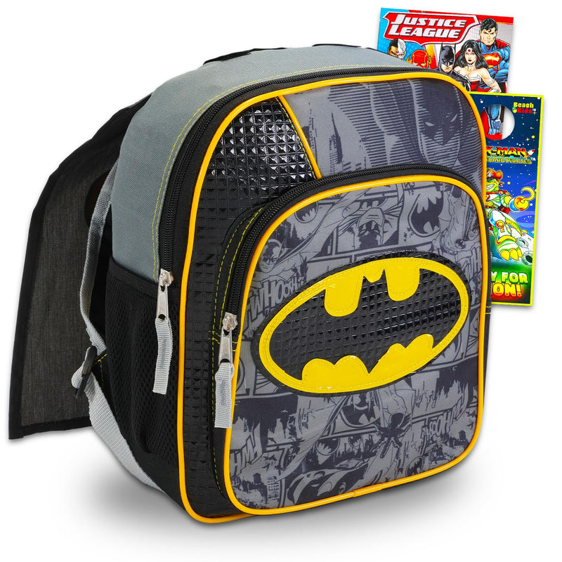 DC Comics Justice League Mini Batman Backpack for Boys Toddlers Kids ~ Deluxe 12 Inch Preschool Toddler Backpack with Detachable Cape and Stickers (Batman School Supplies)