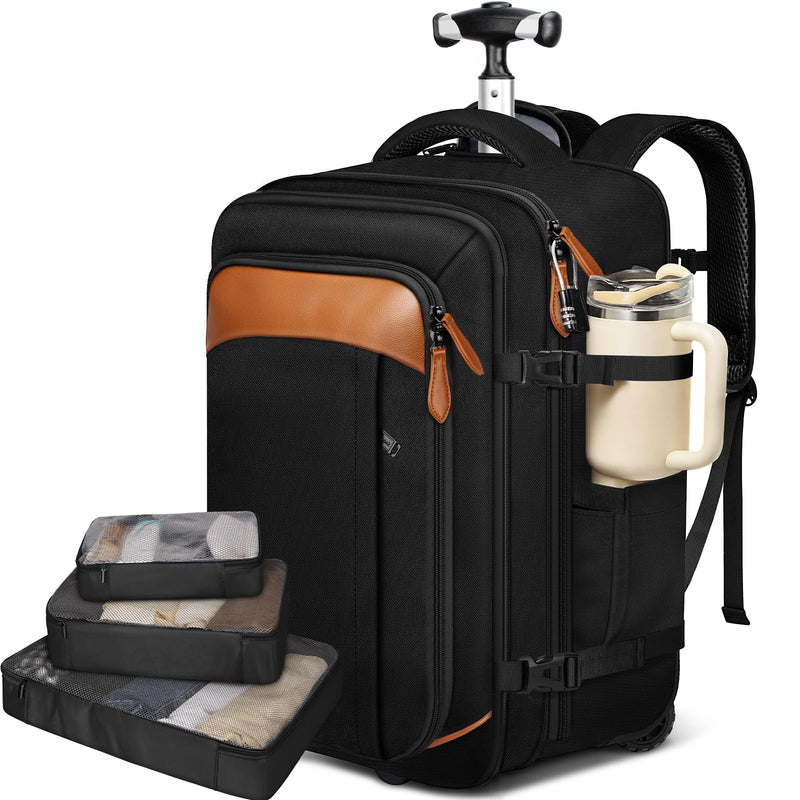 Vancropak Travel Backpack with Wheels, 17 inch Carry On Flight Approved Wheeled Laptop Backpack with 3 Packing Cubes, Expandable Water Resistant Lightweight Roller Backpack for Business, Black Brown