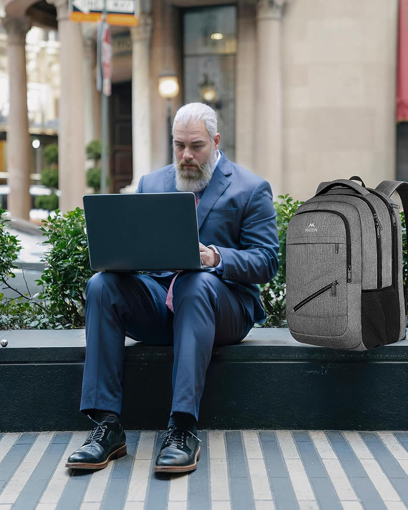 MATEIN Travel Laptop Backpack, 17 Inch Work TSA Approved Carry on Backpack, Large Computer Business Bag for Men Women with Trolley Sleeve and Anti Theft Pocket, College School Rucksack Book Bag, Grey