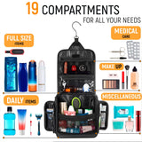 Travel Toiletry Bag for Men and Women - (10.6”x10.6”x3.2”) Large Hanging Toiletry Organizer - Waterproof Hygiene Bag with Metal XXL Swivel Hook, with Sturdy Zippers and 19 Compartments for Toiletries