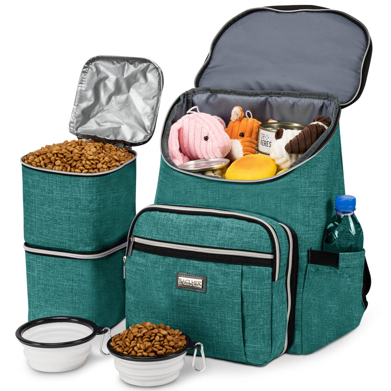 BAGLHER Travel Dog Backpack - Detachable Travel Dog Food Container for Pet Supplies Dog Gear Backpack,Dog Bag for Traveling with 2 Silicone Collapsible Bowls and 2 Food Baskets Green