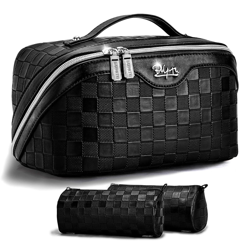 BOYATU Travel Makeup Bag Organizer: 3 Pcs Set Large Capacity Cosmetic Bags Holds 10–20 100ml Full-Size Bottles for 3–15 Day Trips - 180°Open-Flat Make up Case 3-sec touch-up - Toiletry Bag Gift women