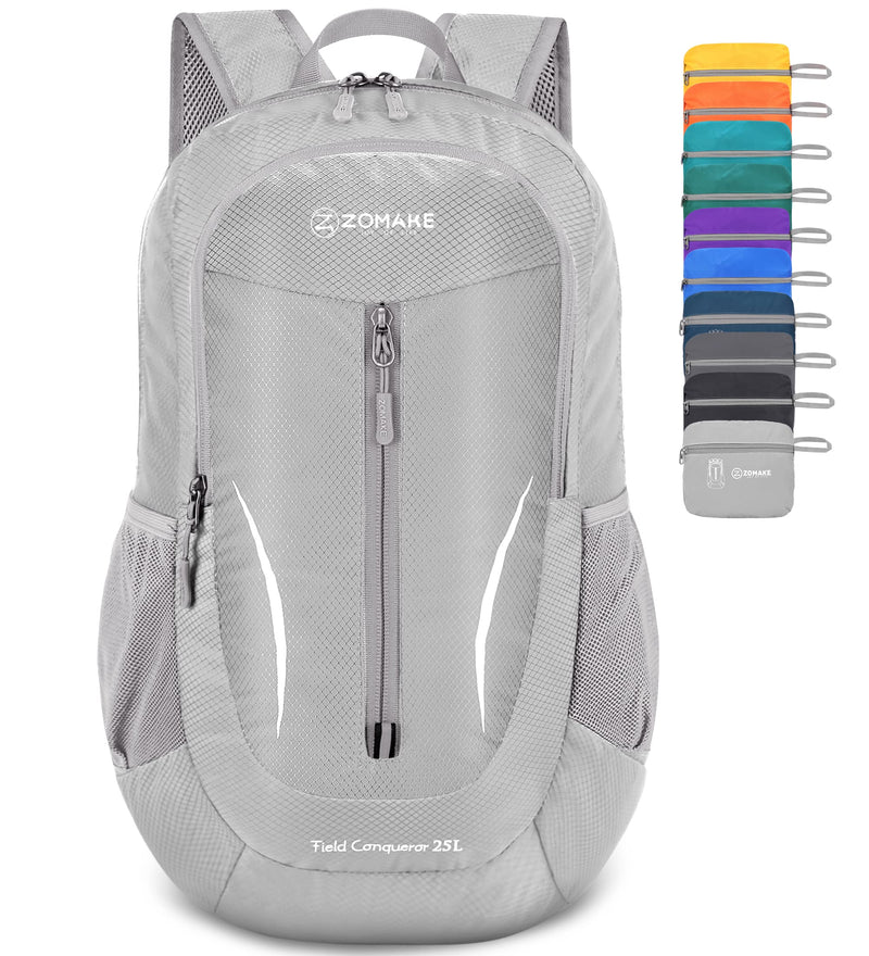 ZOMAKE Ultra Lightweight Packable Backpack 25L, Foldable Hiking Backpacks Water Resistant Small Folding Daypack for Travel(Sliver Grey)