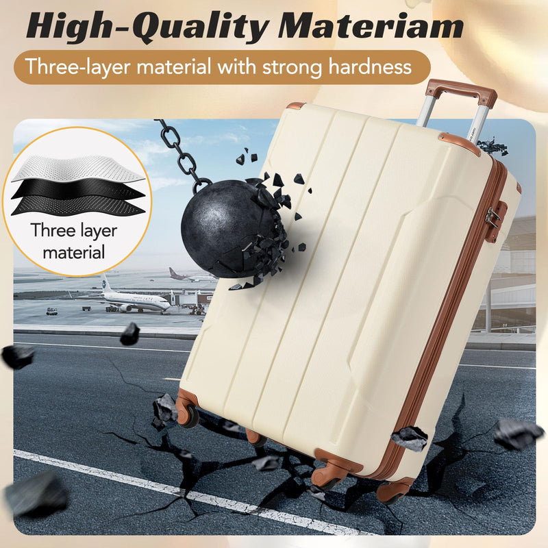 Merax Carry On Luggage Set 3 Piece, Hard Shell Suitcases with Wheels Aluminum Alloy Corner, TSA Luggage Suitcase for Travel Woman Men(White Brown)