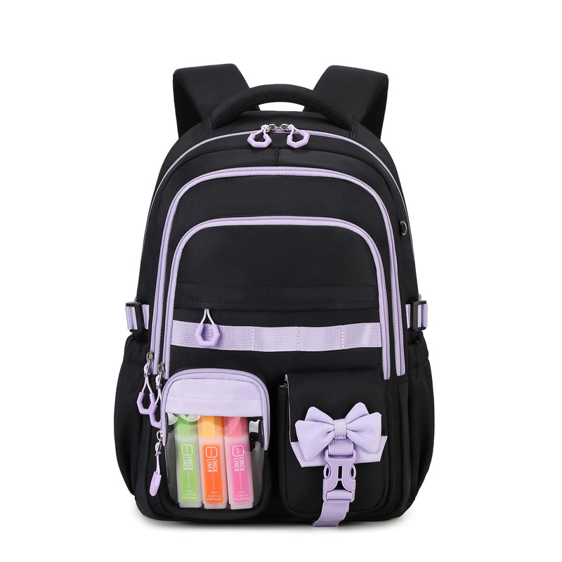 QIXIHU Girls Backpack, 17-Inch Bookbag for Middle & Elementary School, Kawaii Kids Backpack for Girls Ages 6-12(Black Purple)