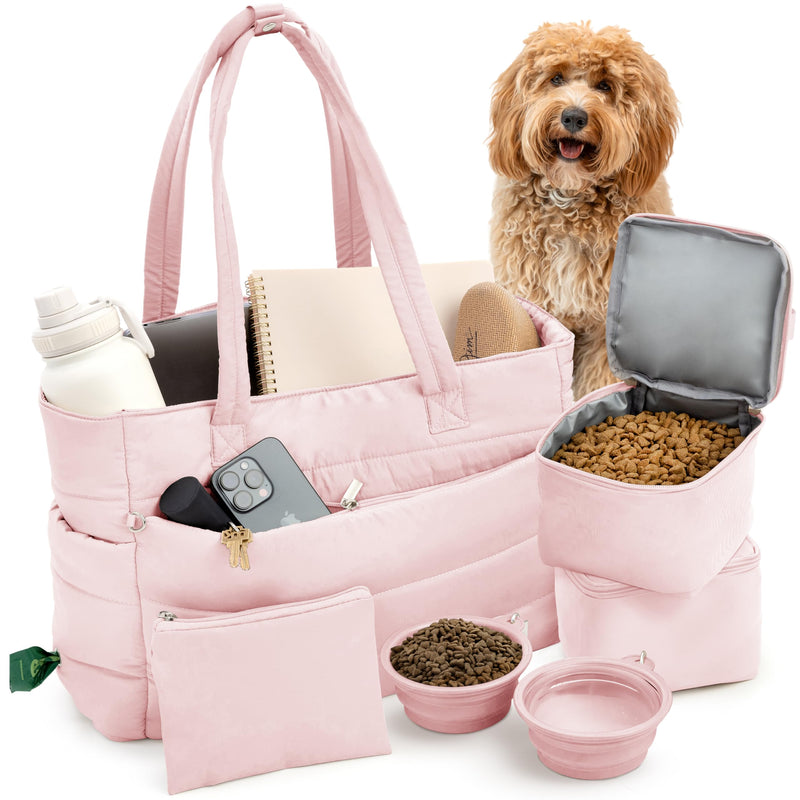 rubyloo Puffer Dog Travel Bag for Dog Moms – Doggy Diaper Bag with Pet Bowls & Food Storage or Everyday Puffy Tote – Doggy Mom Gifts for Women – Lightweight, Travel-Ready Gift for Pet Lovers - Pink