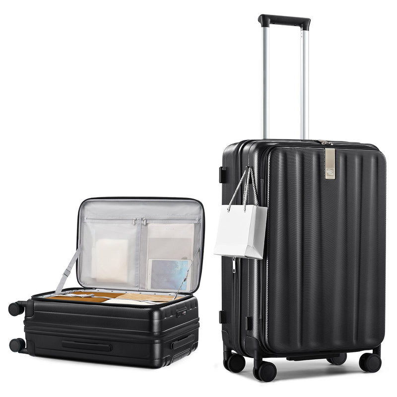 Hanke 24 Inch Expandable Luggage Top Opening Checked Bag Luggage Hard Shell Suitcases with Wheels Lightweight Travel Luggage Medium Suitcase with Lock for Woman Men-Jet Black