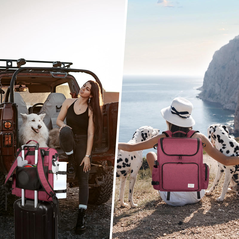 Modoker Dog Travel Bag Backpack, Airline Approved Pet Accessories Organizer for Dog and Cat with Shoulder Strap, 2 Dog Food Storage Containers, 2 Collapsible Dog Bowls,1 Pet Mat, Pink