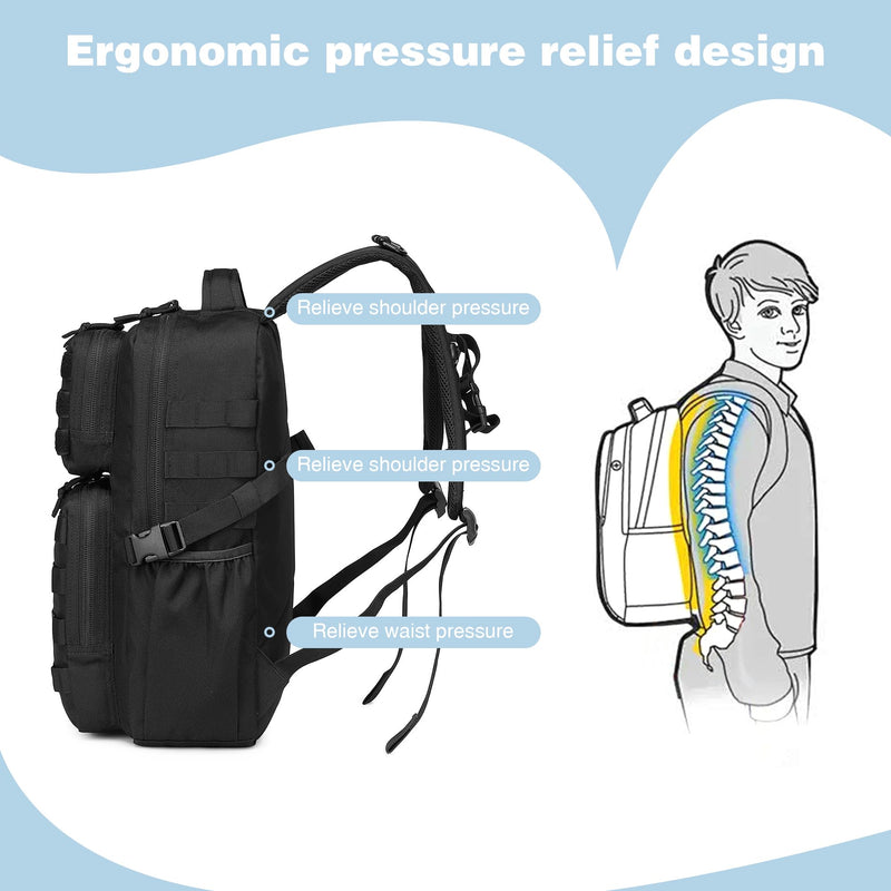 Wotony Military Tactical Backpack for Men Waterproof Daypack 3 Day Assault Pack Molle Bag with Water Bottle Holder (Black, 25L)