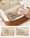 BAGSMART Makeup Bag Travel Cosmetic Bag, Large Make Up Bag Flat Open Toiletry Bag for Women, PU Leather Travel Essentials Organizer Case, Wide-open Pouch Purse for Skincare, Brushes, Classic Brown