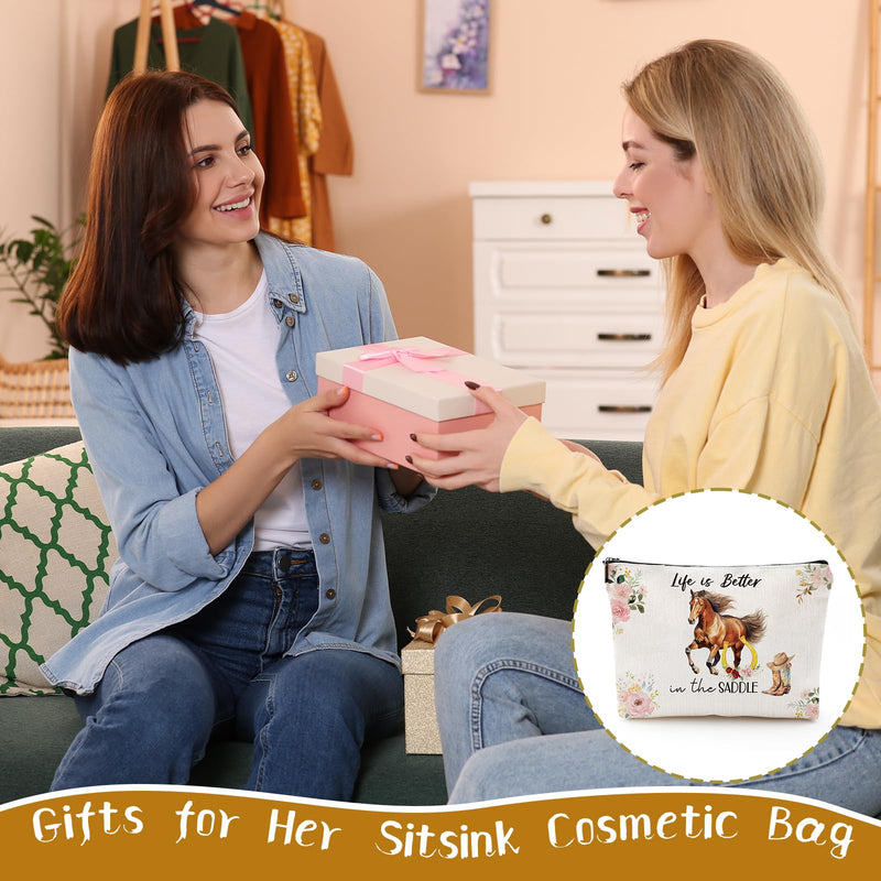 Sitsink Horse Stuff Gifts for Girls - Watercolor Floral Horse Makeup Bags Travel Accessories Small Pouch, Life is Better in the Saddle Horse Gifts for Women Birthday, Horse Lover Gifts Cosmetic Bags