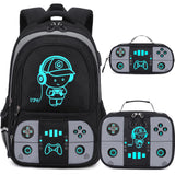 Bevalsa Backpack for School Boys, Cool Luminous Gamer Boys Backpack with Lunch Box & Pencil Pouch Set for Kids Children Teens Elementary Middle Schools, Schoolbag Bookbag Glow In The Dark (Grey)