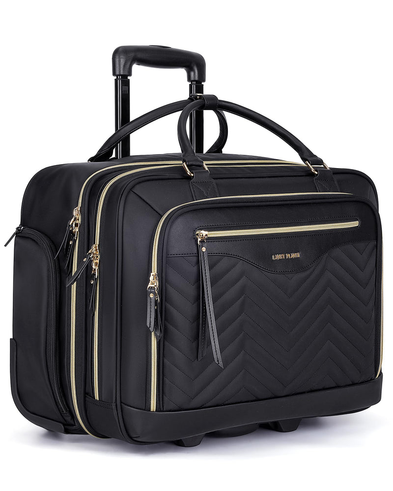LIGHT FLIGHT Rolling Laptop Bag, 17.3 inch Rolling Briefcase for Women, Computer Bag with Wheels, Overnight Roller for Carry on Travel Work Business, Black
