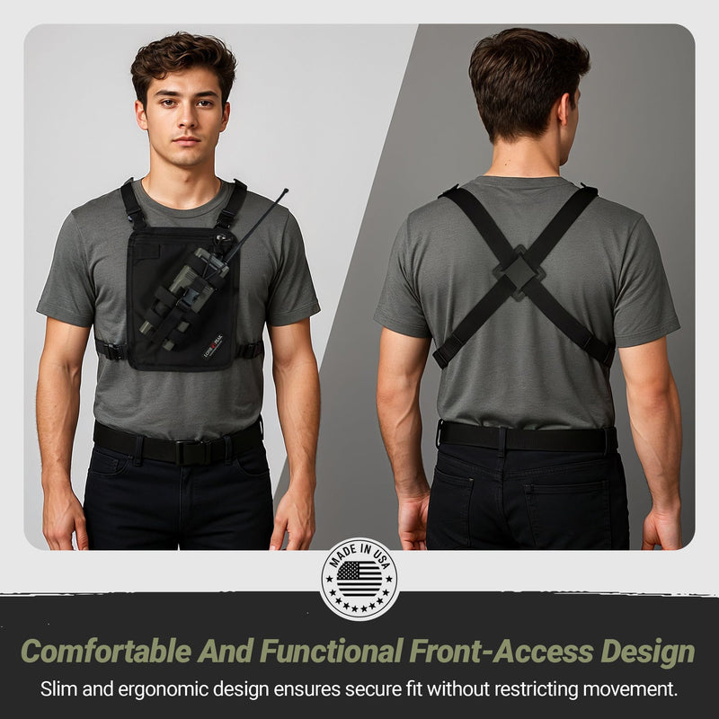 Lone Peak Black Padded Radio Chest Harness w/ Smartphone Pocket (9.5” X 8”)- Secure Fit Search and Rescue Gear - Universal Outdoor Tactical Walkie Talkie Harness- Radio Chest Pack for EMS- Made in USA