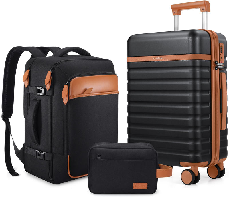 UKEIN Luggage Sets 3 Piece, Carry On Luggage 20In With Spinner Wheels,PC Hardside Suitcase Set with TSA Lock,Durable Carry On Suitcase With Travel Backpack for Men (Black, 3 piece set (20inch))