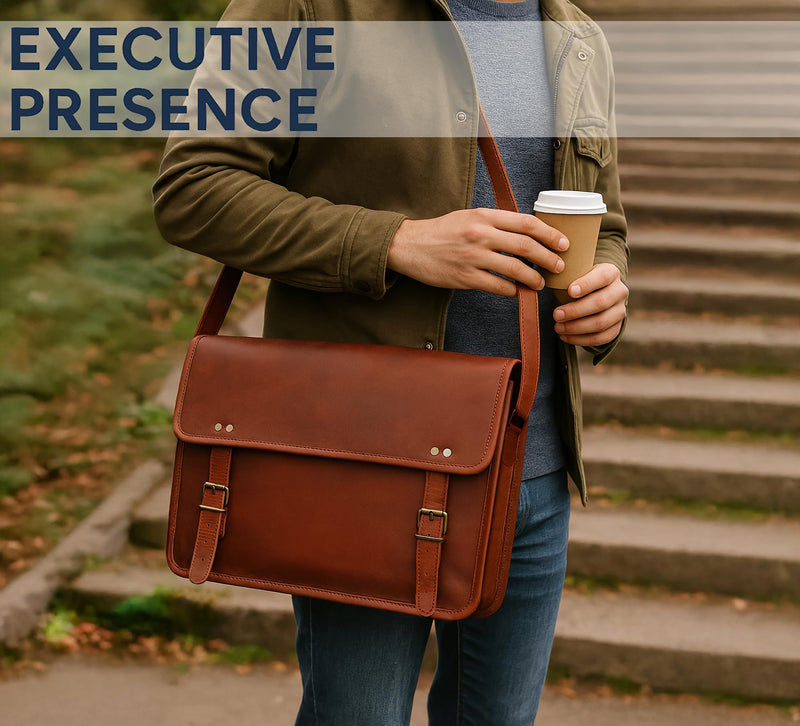 RUSTIC TOWN Leather Messenger Bag for Men Women - Full Grain Leather Laptop Satchel Office Shoulder Bag (14 Inch, Brown)