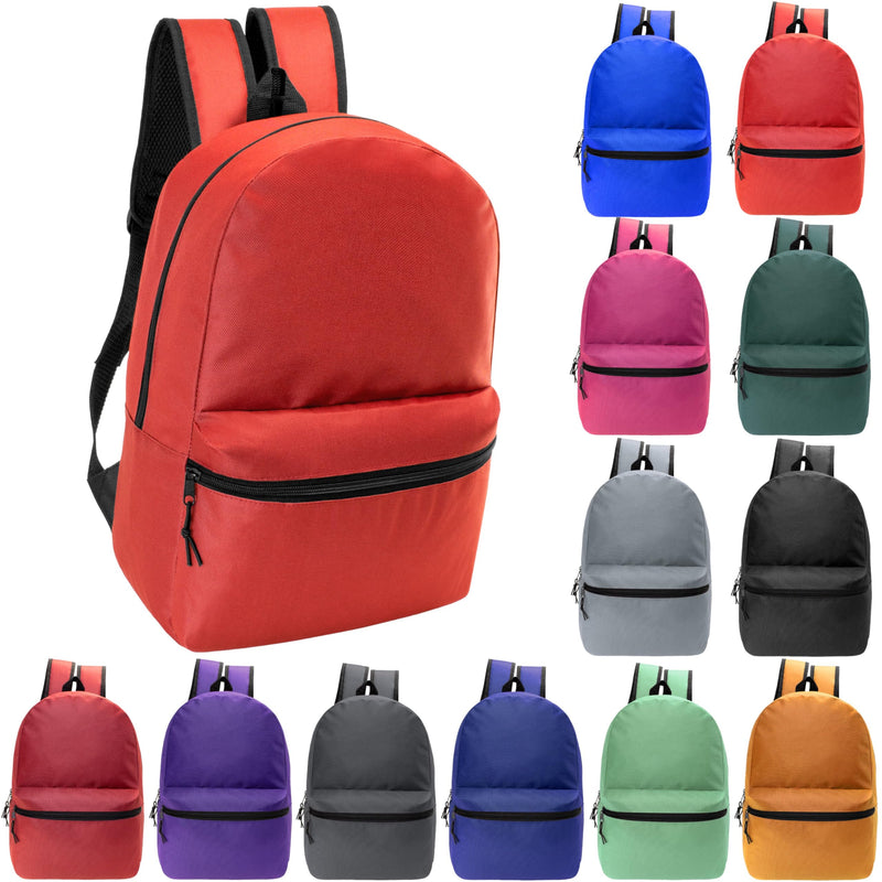 24 Pack 19" Basic Wholesale Backpacks, 12 Assorted Colors - Bookbags in Bulk for Elementary, Middle, and High School Students