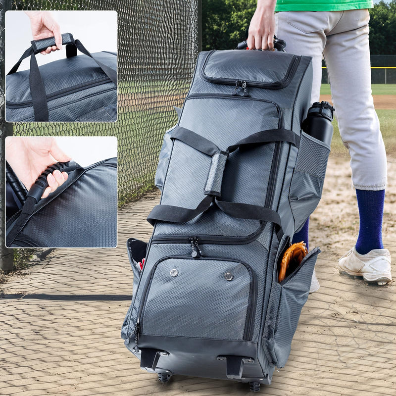VIGEGARI Large Rolling Baseball Bag with Wheels - Softball Bag for T-Ball to Adult Leagues - Grey, 4 Bats, Separate Shoe Compartment, Fence Hook