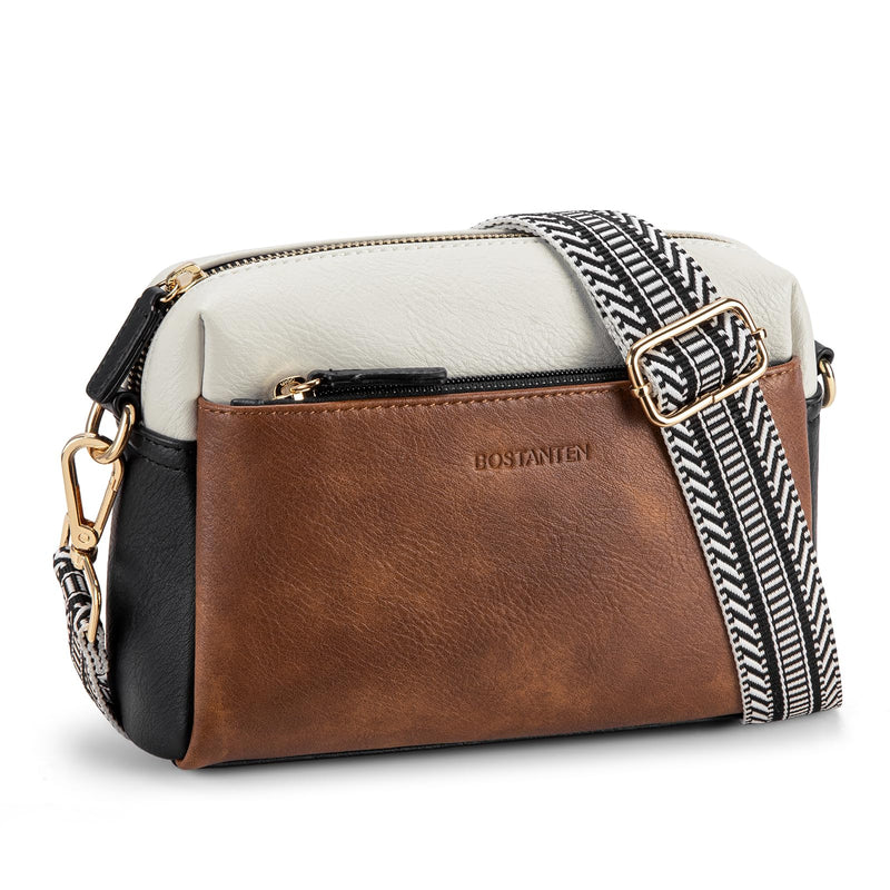 BOSTANTEN Small Crossbody Purse for Women Triple Zip Cell Phone Leather Shoulder Handbag with Wide Guitar Strap Brown with Black