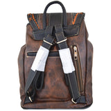 Western Style Tooled Buckle Studded Floral Women Country Backpack Bags Rucksack Daypack Biker Purse Matching Wallet Set (Coffee Set)